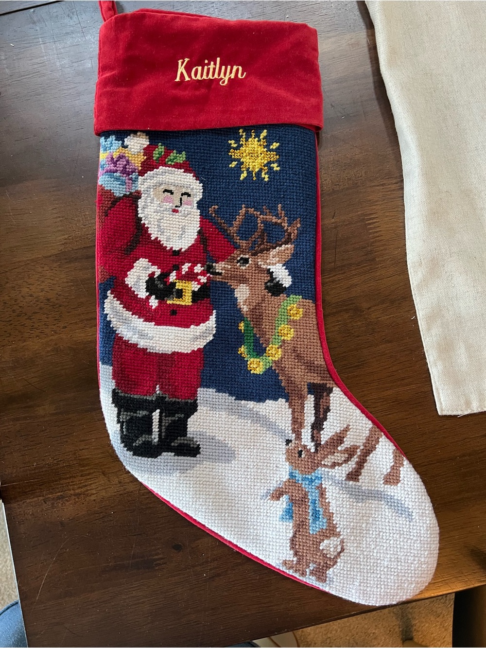 Lands' End Red and Navy Needlepoint Santa & Reindeer Stocking